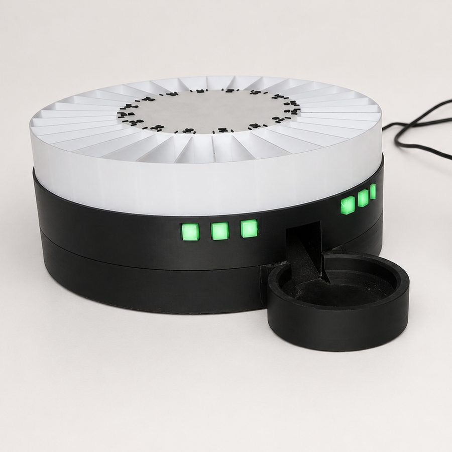 The Medication Diary dispenser: a rotating pill tray with a pickup cup extended and a row of green status lights.